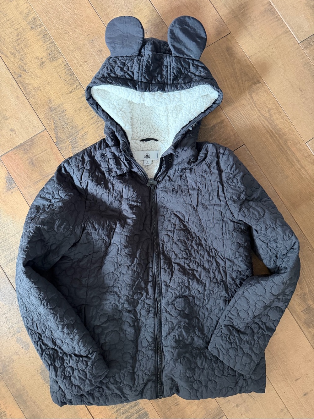Women Mickey Mouse Quilted Black Hooded Jacket with Sherpa Lining